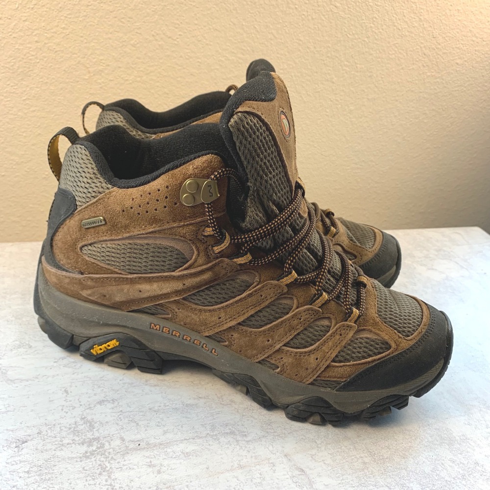 Merrell Mens 10.5 Moab 3 Mid Waterproof Hiking Boots Walnut Brown Vibram Sole